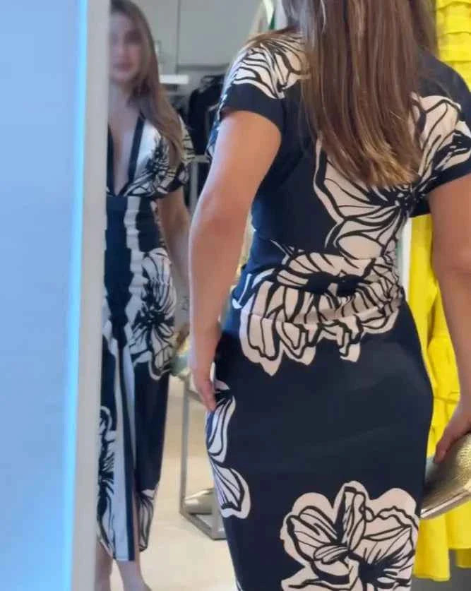 Elegant Floral Midi Dress V Neck Short Sleeve Ruched Casual Waist Slit Midi Dress