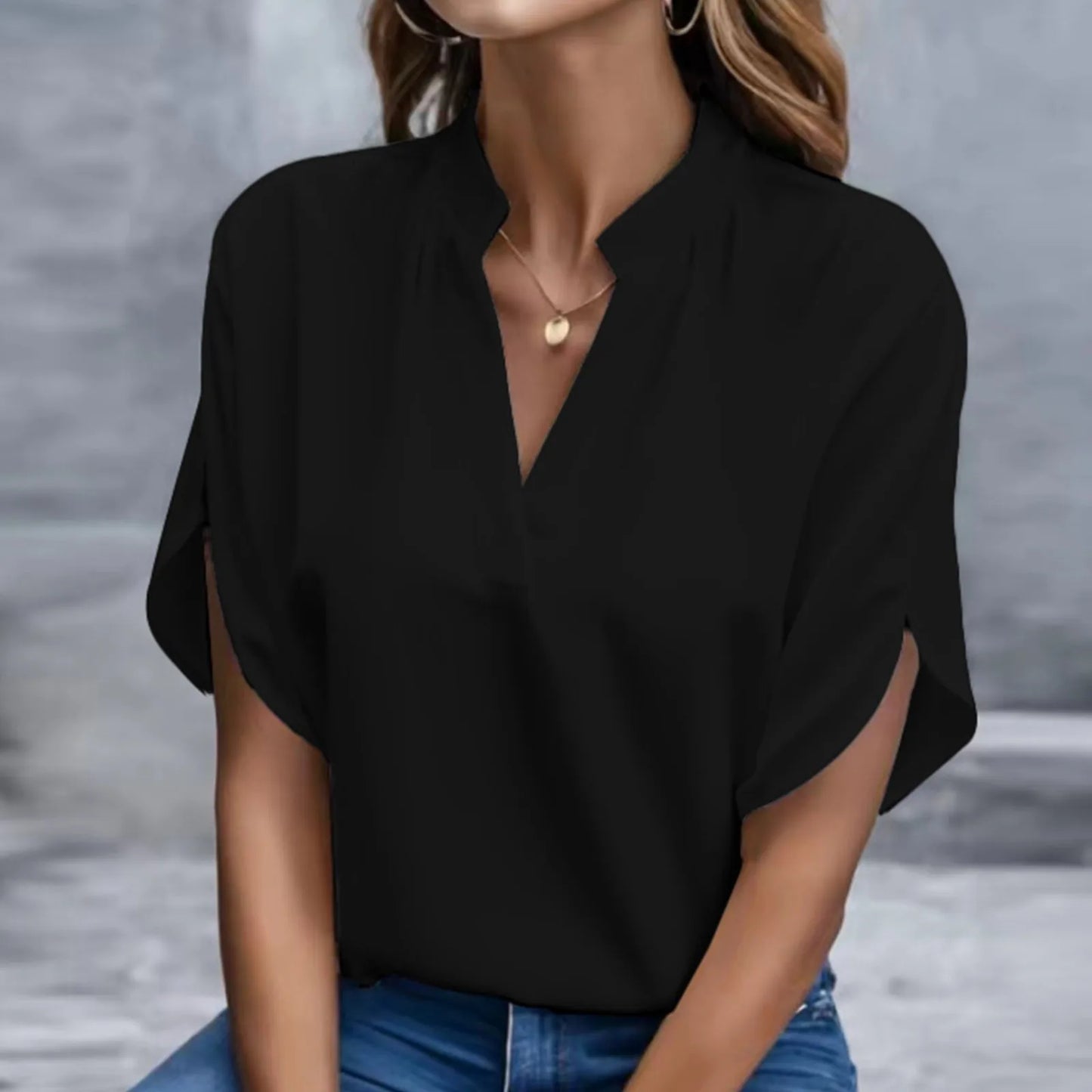 Elegant Solid Chiffon Women's Blouse Casual 3/4 Sleeve Shirt