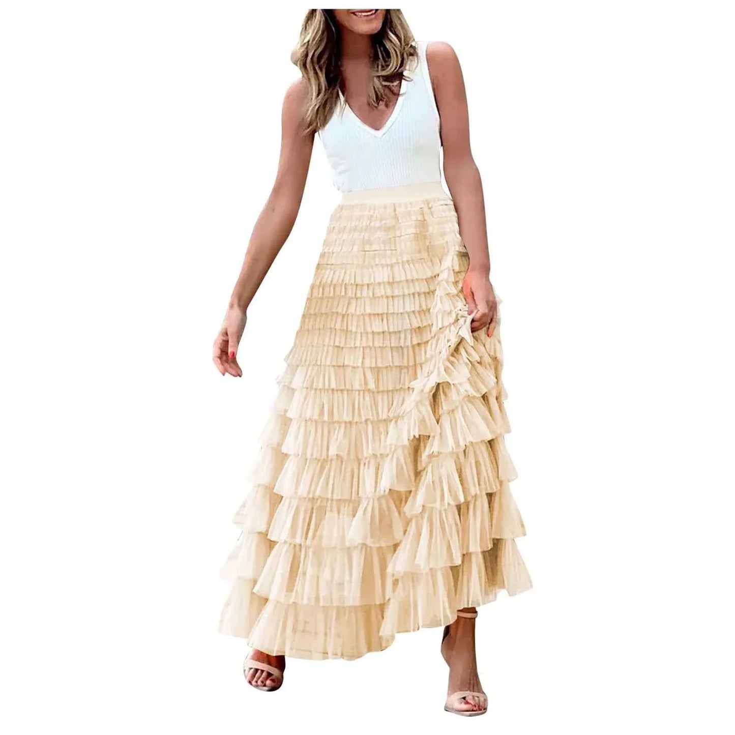 Summer Maxi Skirt for Women Elegant Layered Ruffles Design A-Line Evening Skirts High Street Office Lady