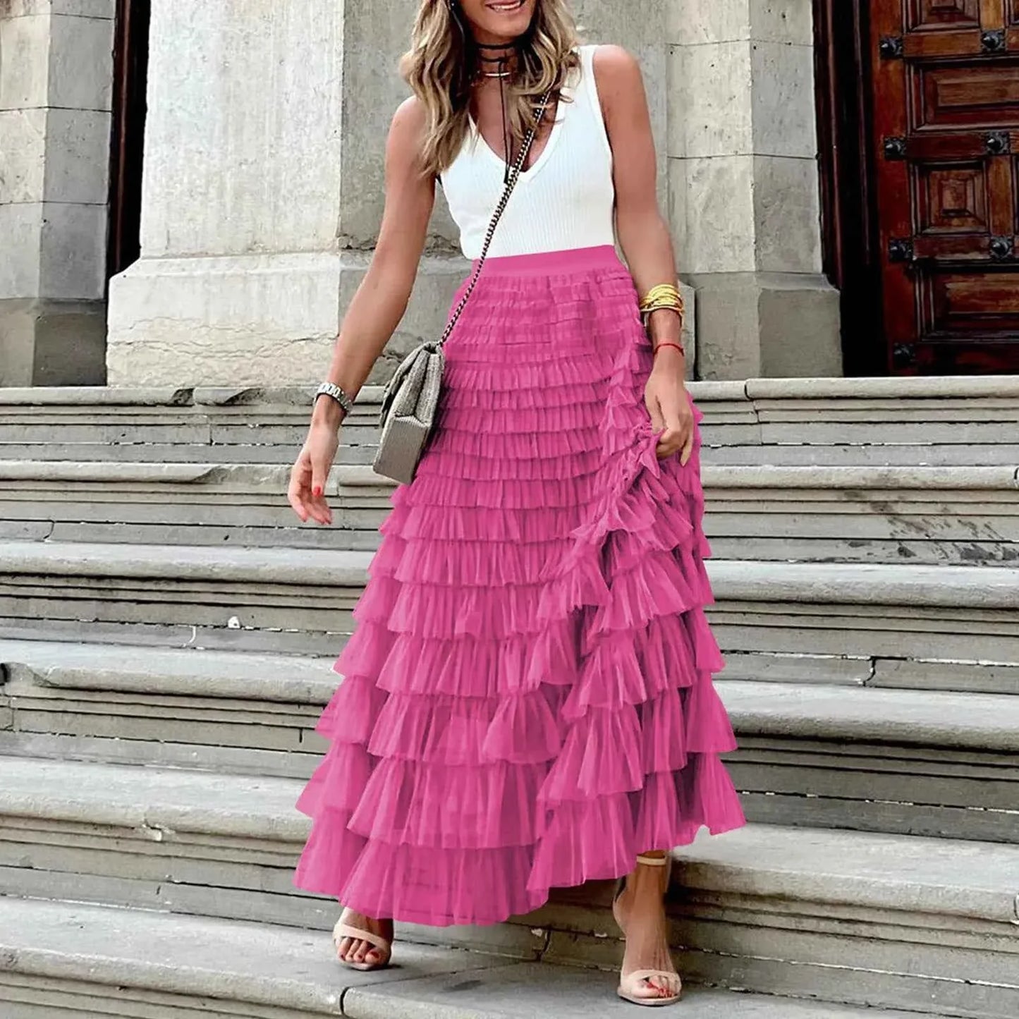 Summer Maxi Skirt for Women Elegant Layered Ruffles Design A-Line Evening Skirts High Street Office Lady