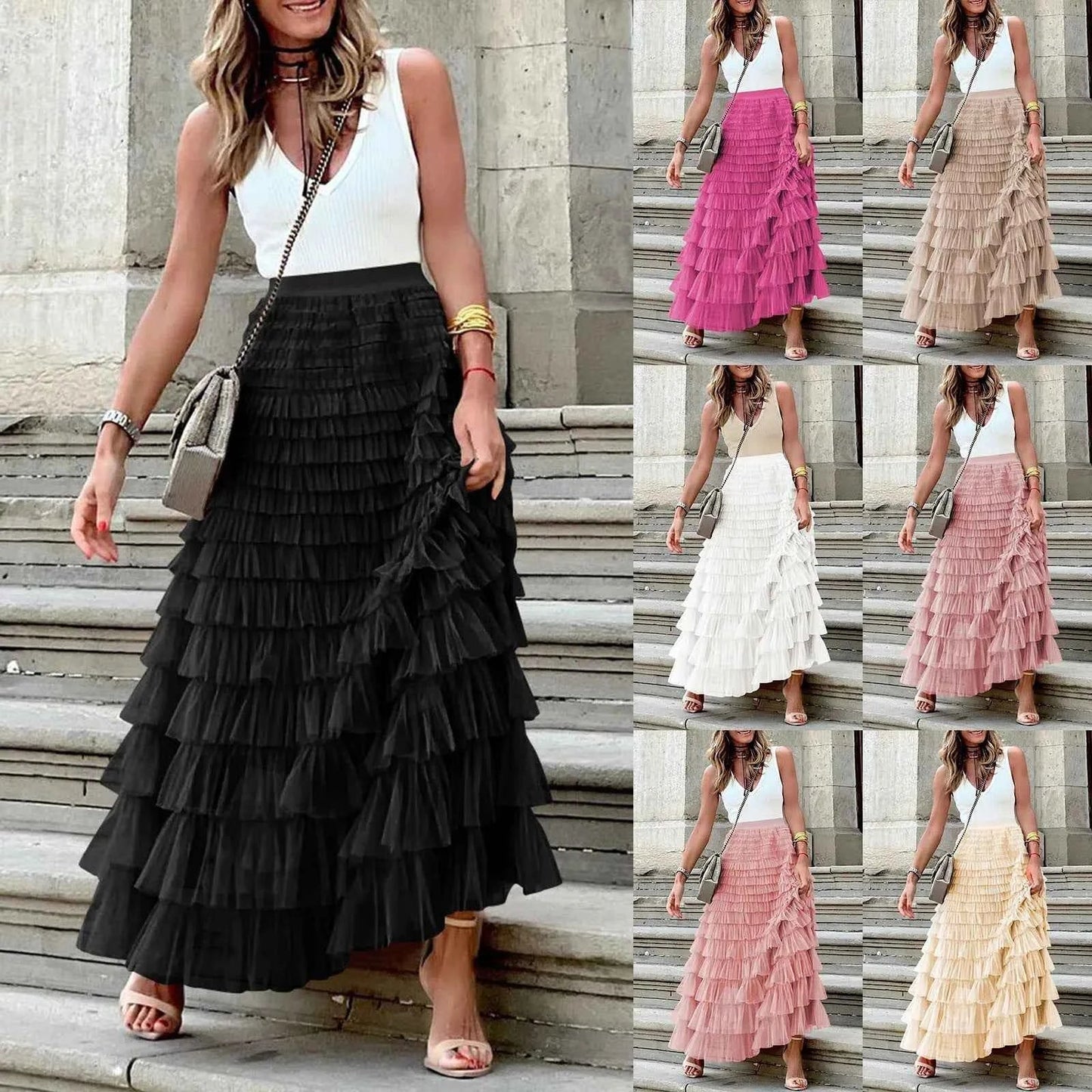 Summer Maxi Skirt for Women Elegant Layered Ruffles Design A-Line Evening Skirts High Street Office Lady