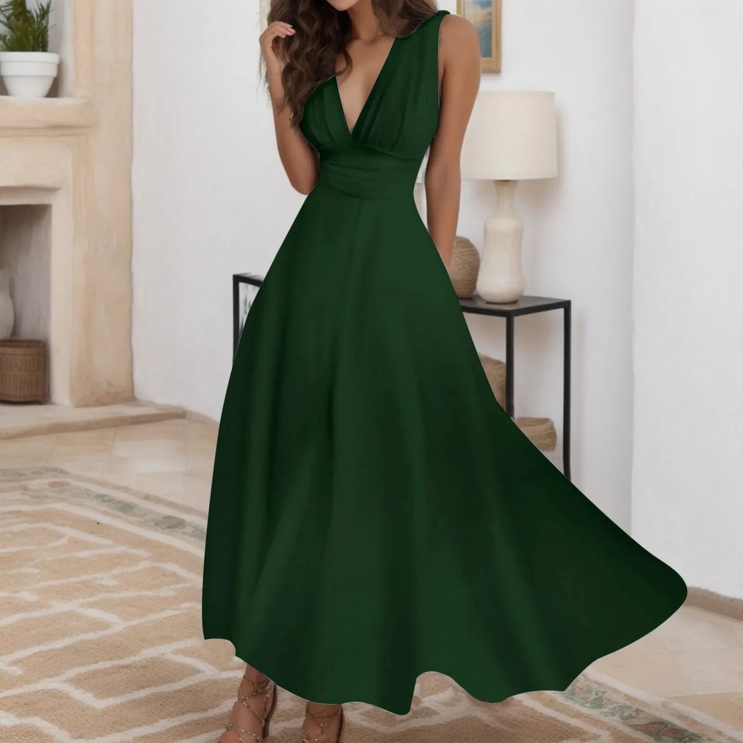 Sleeveless V Neck Side Zipper Long Dress Elegant Sundress