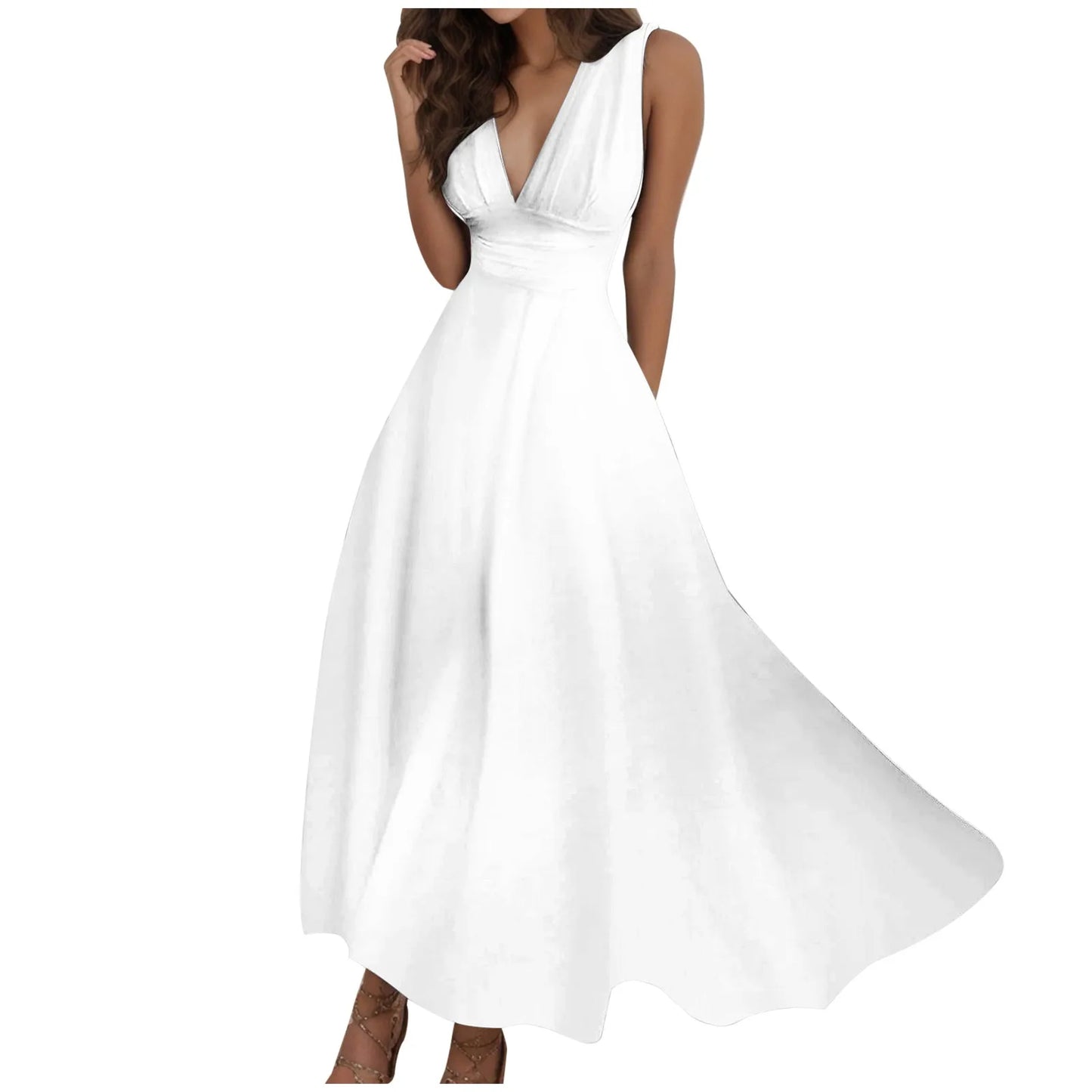 Sleeveless V Neck Side Zipper Long Dress Elegant Sundress