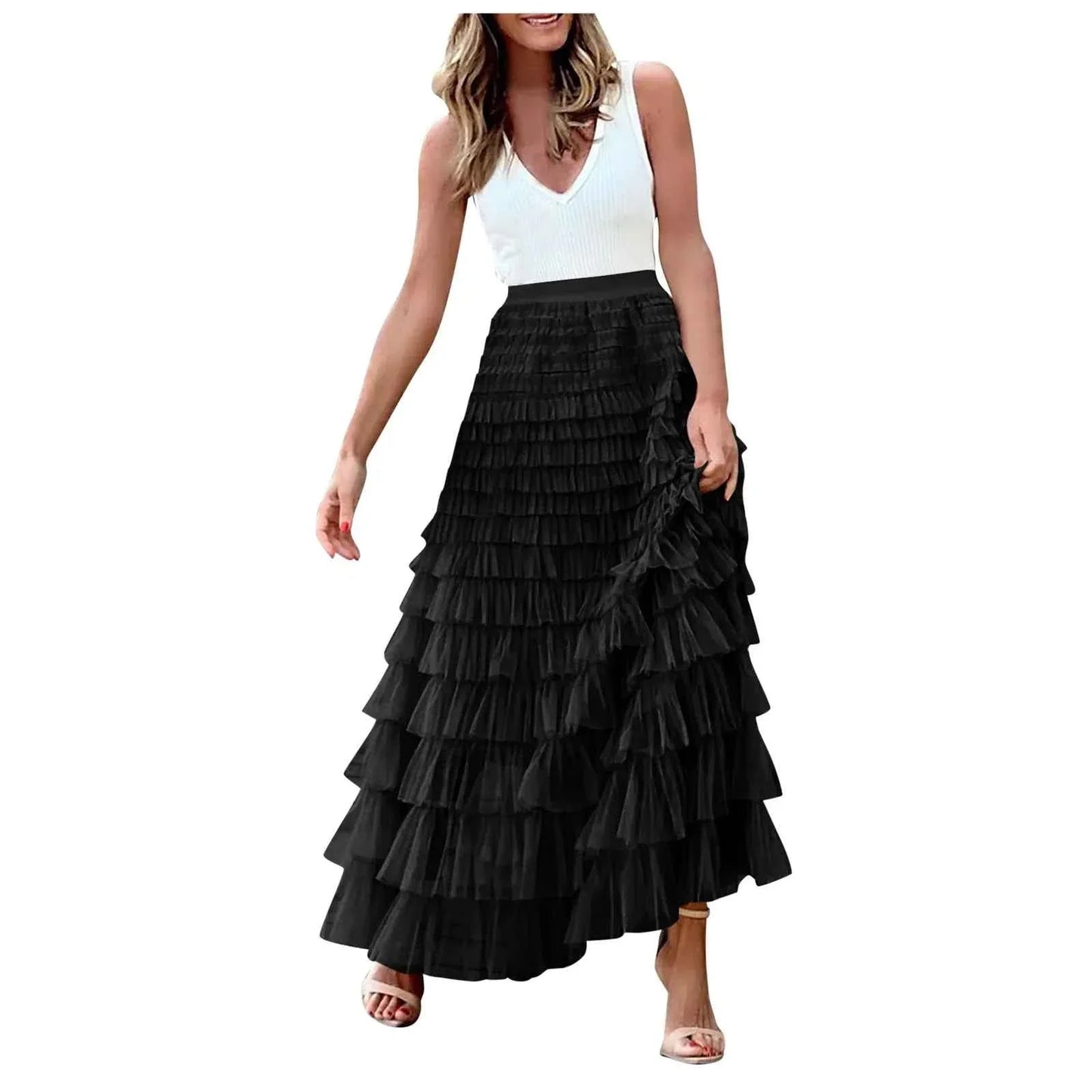 Summer Maxi Skirt for Women Elegant Layered Ruffles Design A-Line Evening Skirts High Street Office Lady