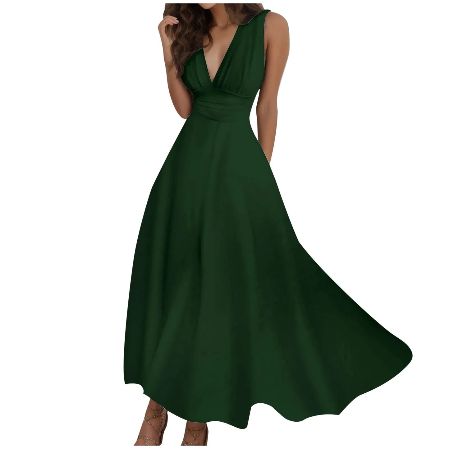 Sleeveless V Neck Side Zipper Long Dress Elegant Sundress