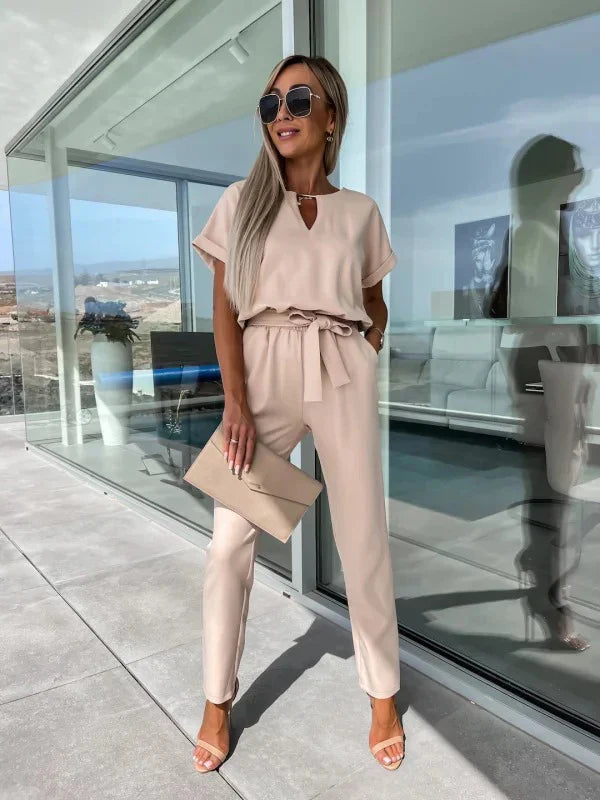Summer Jumpsuit Solid Color Short Sleeve V-neck Pocket Lace-up Pencil Long Pants