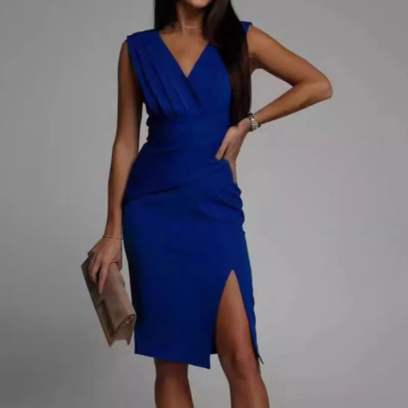 Women Mini Dress Summer Fashion Elegant Sleeveless V Neck High Waist Bodycon Casual Office Party Side Split