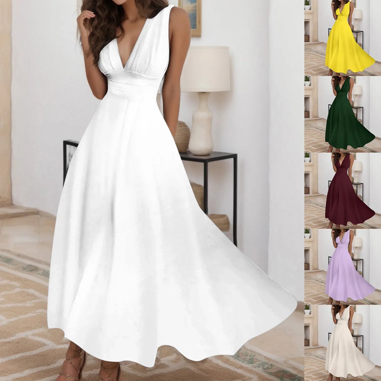Sleeveless V Neck Side Zipper Long Dress Elegant Sundress