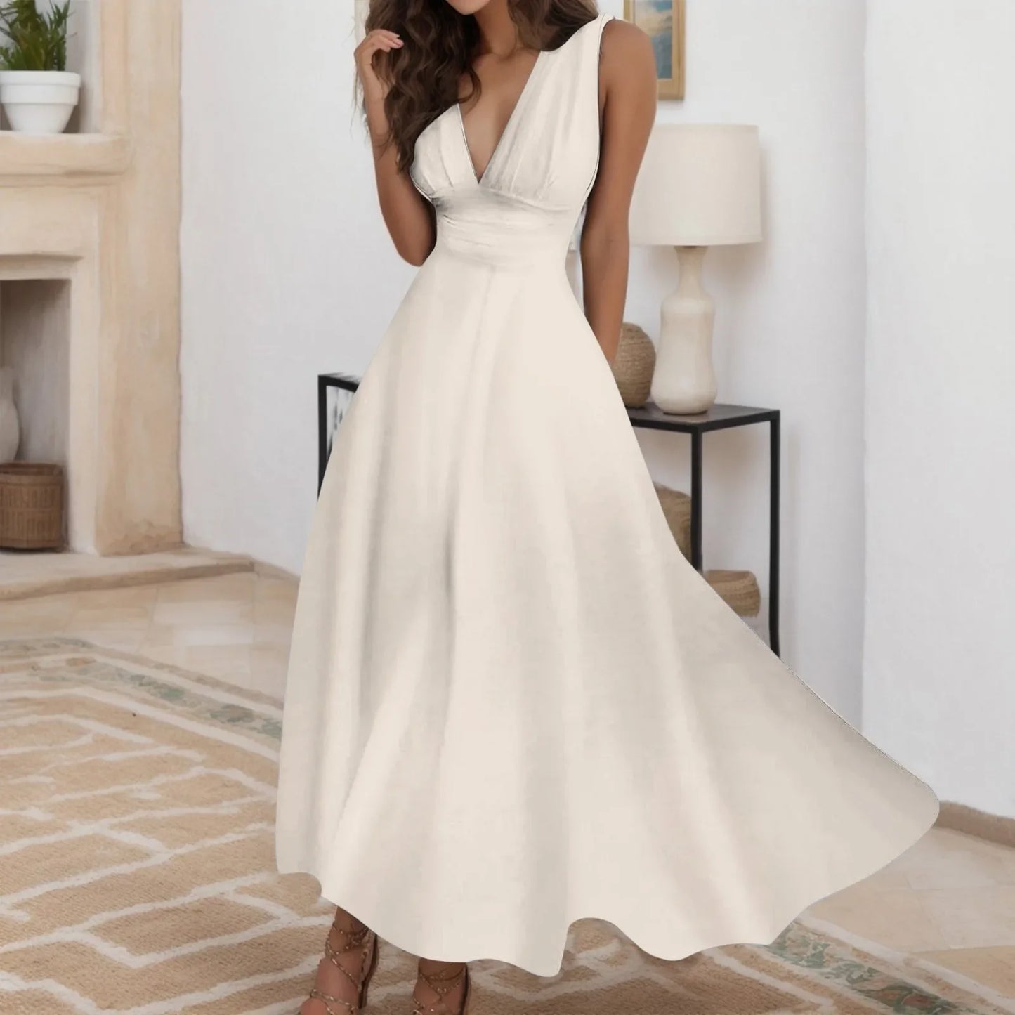 Sleeveless V Neck Side Zipper Long Dress Elegant Sundress