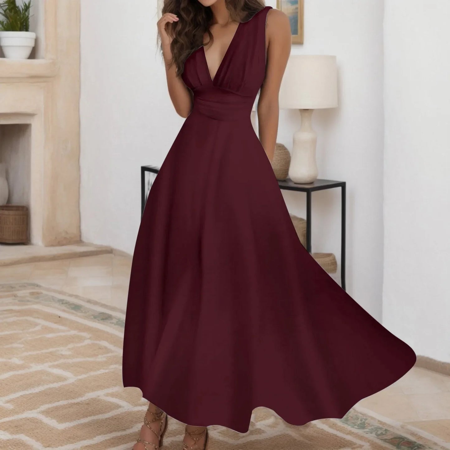 Sleeveless V Neck Side Zipper Long Dress Elegant Sundress