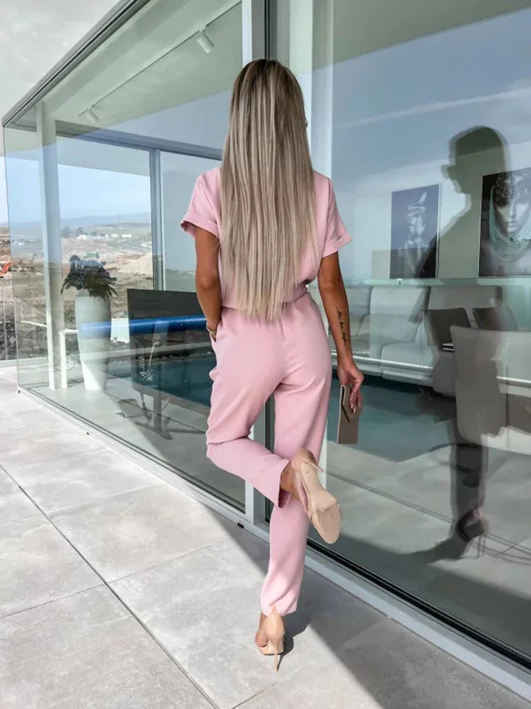 Summer Jumpsuit Solid Color Short Sleeve V-neck Pocket Lace-up Pencil Long Pants