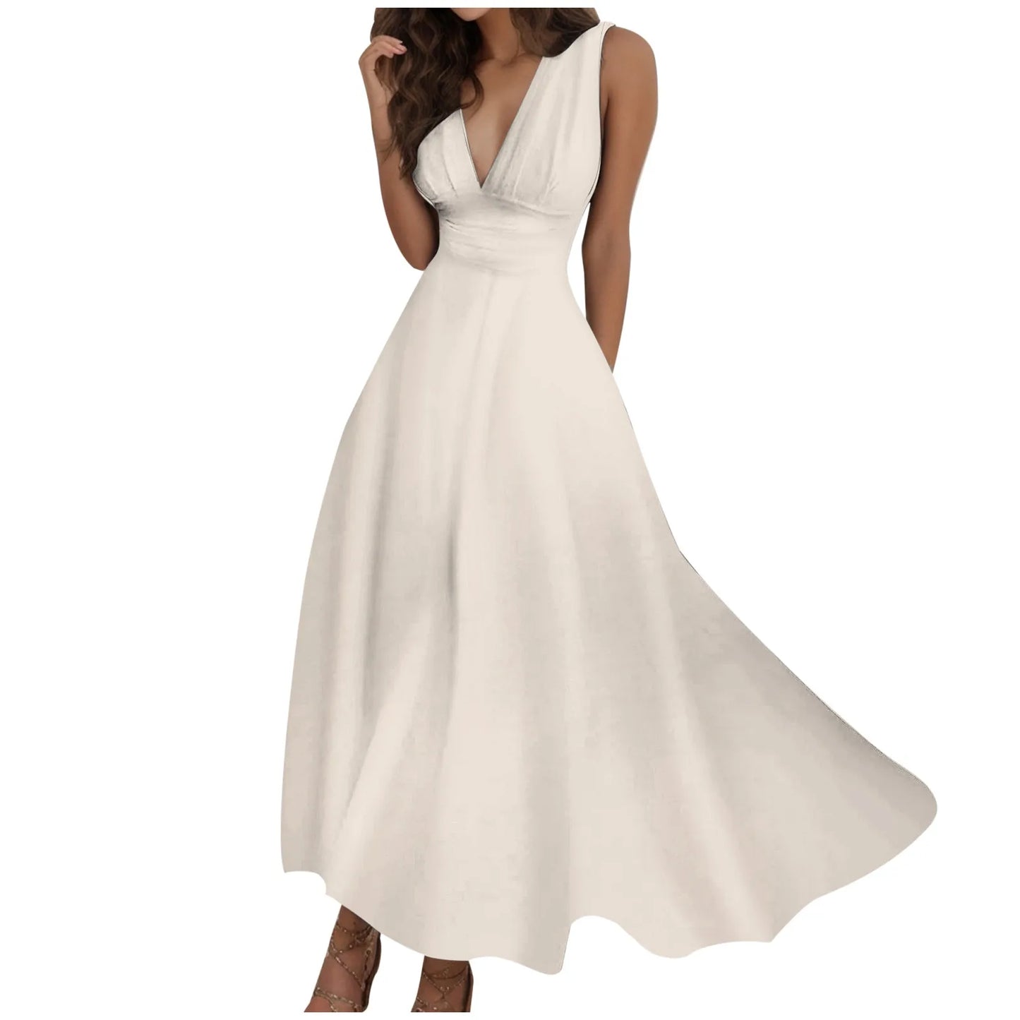 Sleeveless V Neck Side Zipper Long Dress Elegant Sundress