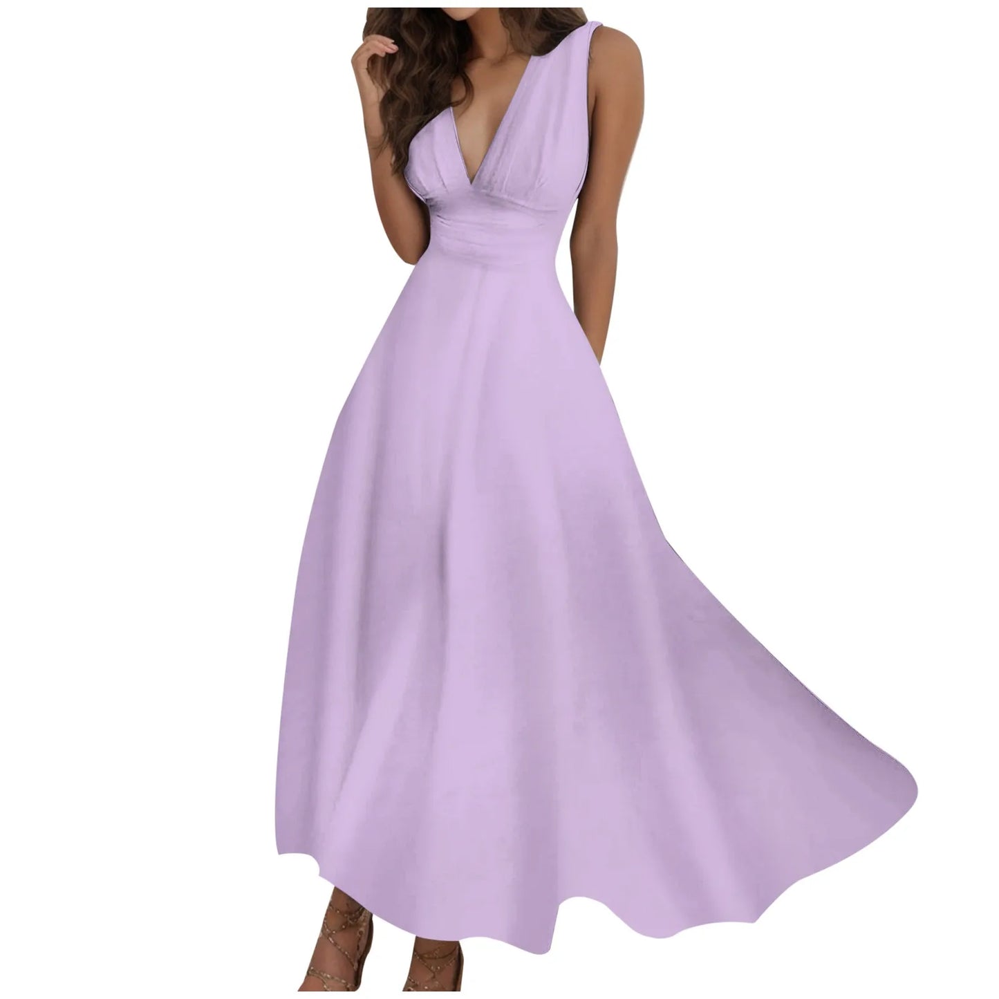 Sleeveless V Neck Side Zipper Long Dress Elegant Sundress