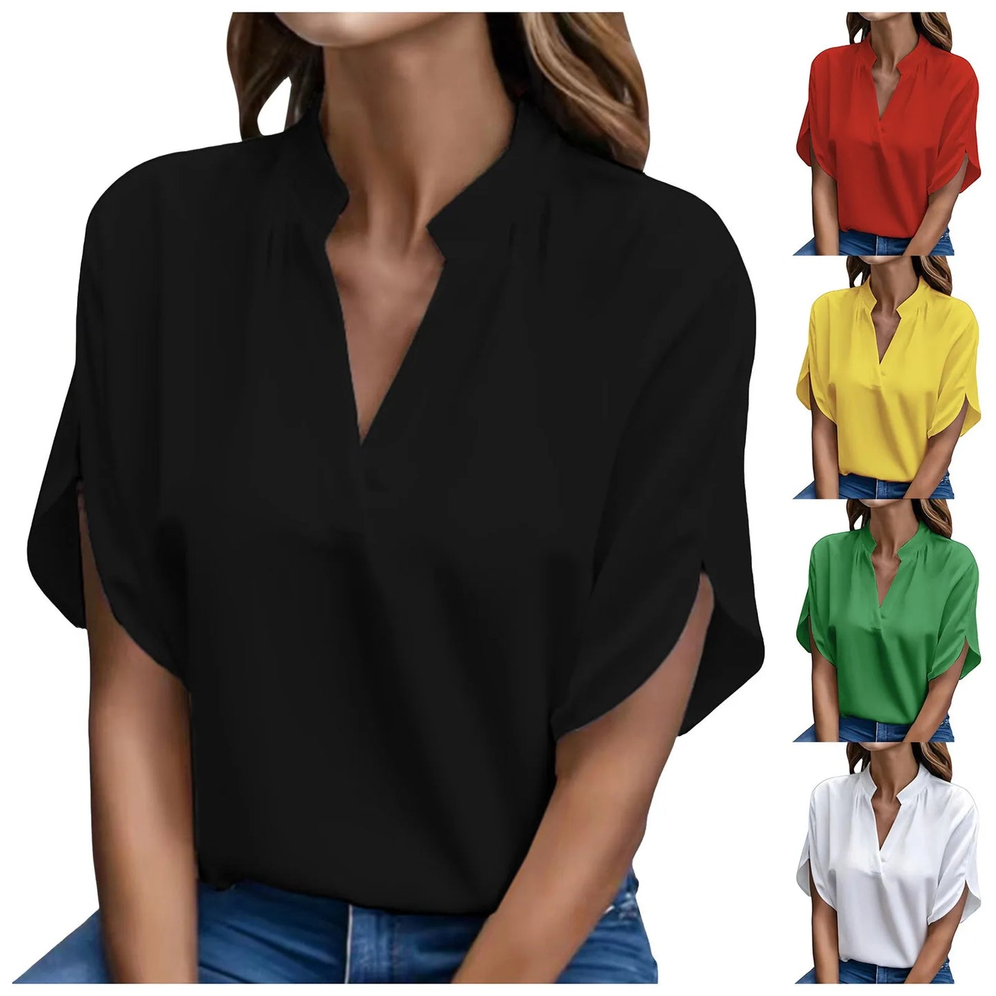 Elegant Solid Chiffon Women's Blouse Casual 3/4 Sleeve Shirt