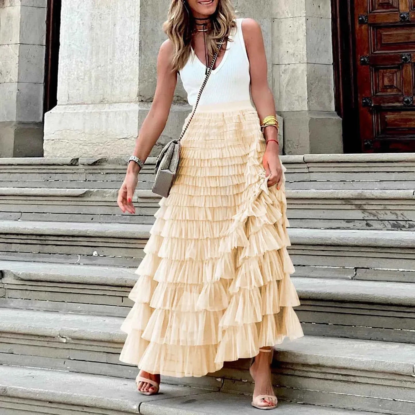 Summer Maxi Skirt for Women Elegant Layered Ruffles Design A-Line Evening Skirts High Street Office Lady
