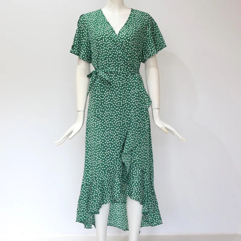 Summer Beach Maxi Dress Women Floral Print Boho Long Chiffon Ruffles Wrap Casual V-Neck Split Sexy Party Robe Femme