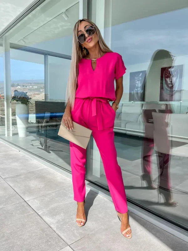 Summer Jumpsuit Solid Color Short Sleeve V-neck Pocket Lace-up Pencil Long Pants