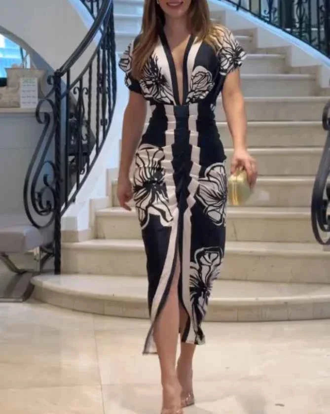 Elegant Floral Midi Dress V Neck Short Sleeve Ruched Casual Waist Slit Midi Dress