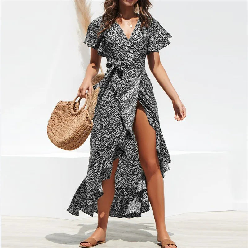 Summer Beach Maxi Dress Women Floral Print Boho Long Chiffon Ruffles Wrap Casual V-Neck Split Sexy Party Robe Femme