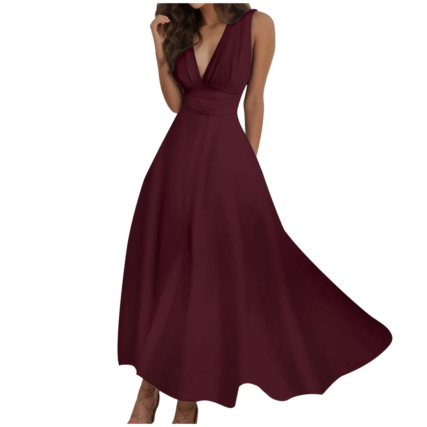 Sleeveless V Neck Side Zipper Long Dress Elegant Sundress