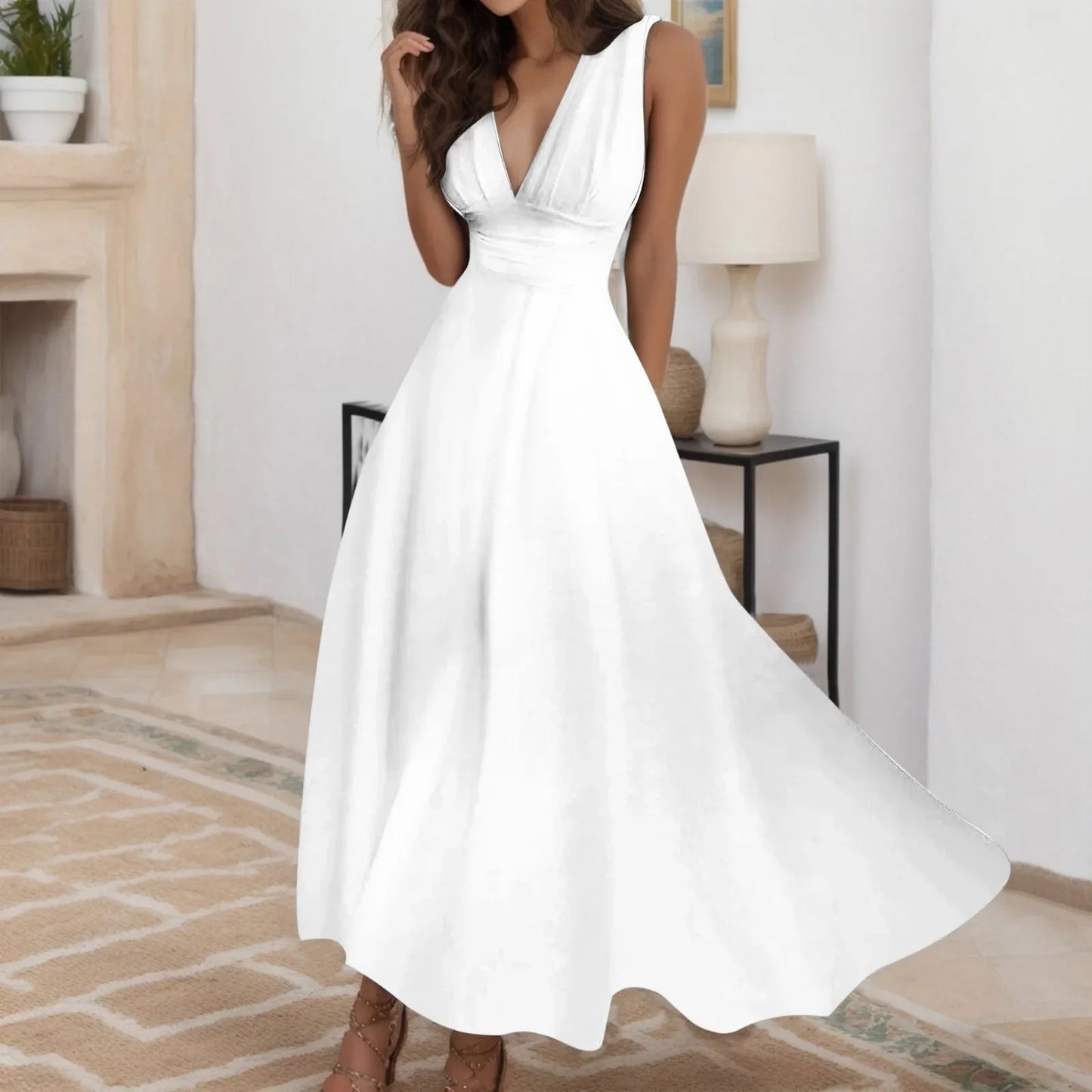 Sleeveless V Neck Side Zipper Long Dress Elegant Sundress