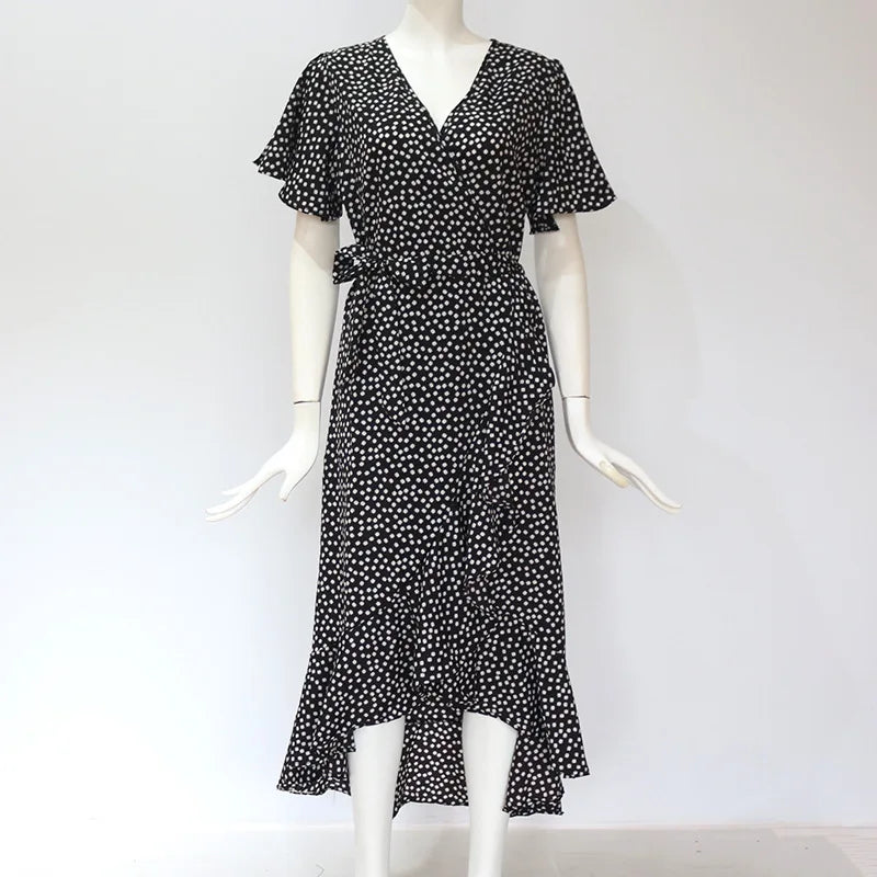 Summer Beach Maxi Dress Women Floral Print Boho Long Chiffon Ruffles Wrap Casual V-Neck Split Sexy Party Robe Femme