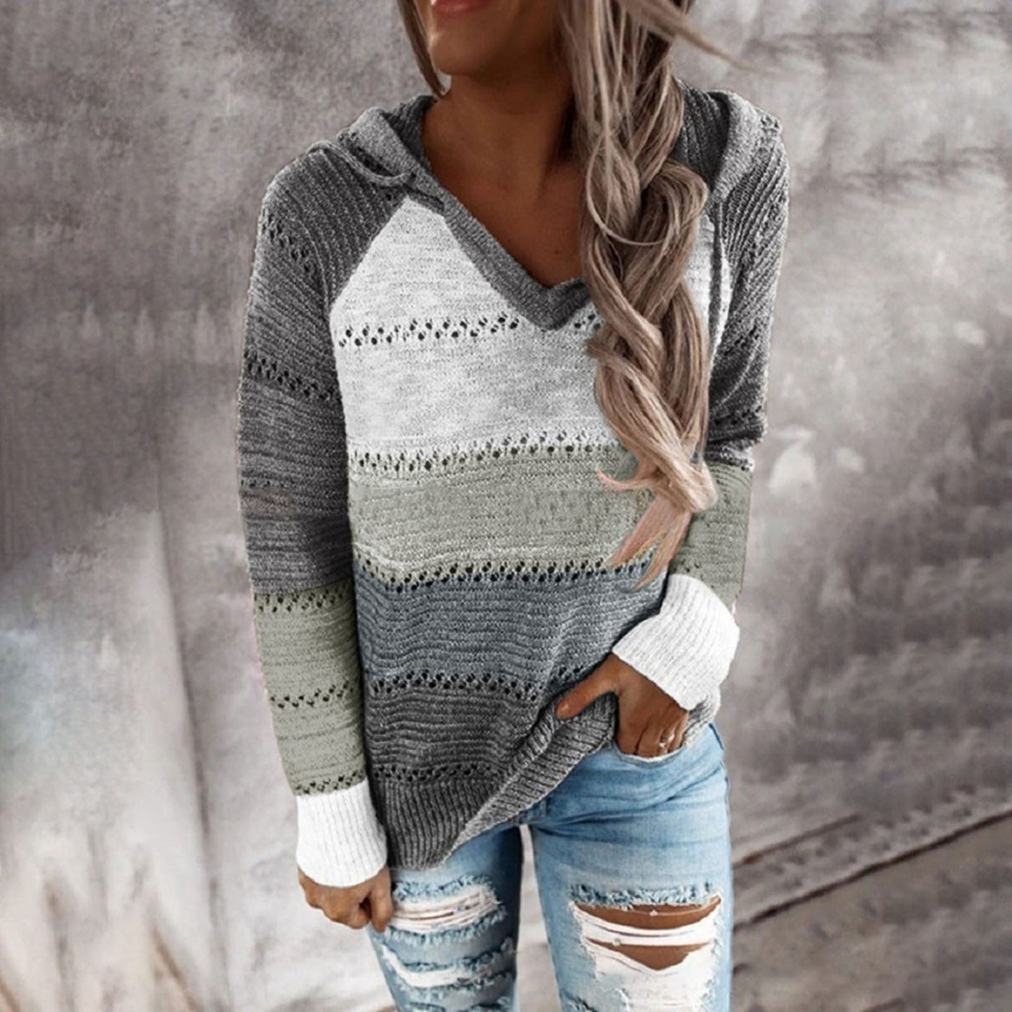 Plus Size 5XL Autumn Winter Women's Pullover Fashion Patchwork Long Sleeve Knit Sweater Tops Women Crochet Hollow Hooded Sweater