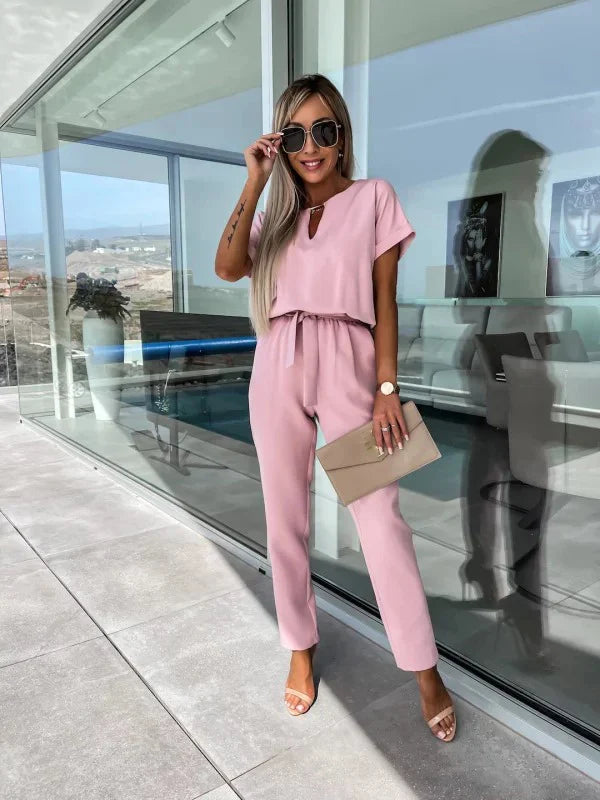 Summer Jumpsuit Solid Color Short Sleeve V-neck Pocket Lace-up Pencil Long Pants