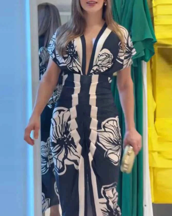 Elegant Floral Midi Dress V Neck Short Sleeve Ruched Casual Waist Slit Midi Dress