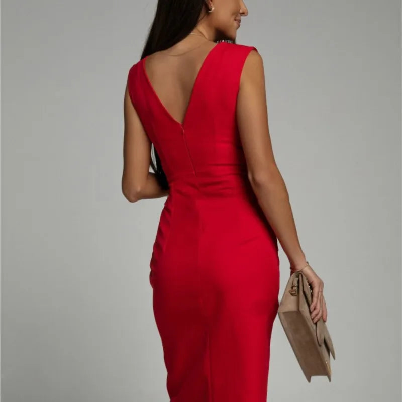 Women Mini Dress Summer Fashion Elegant Sleeveless V Neck High Waist Bodycon Casual Office Party Side Split