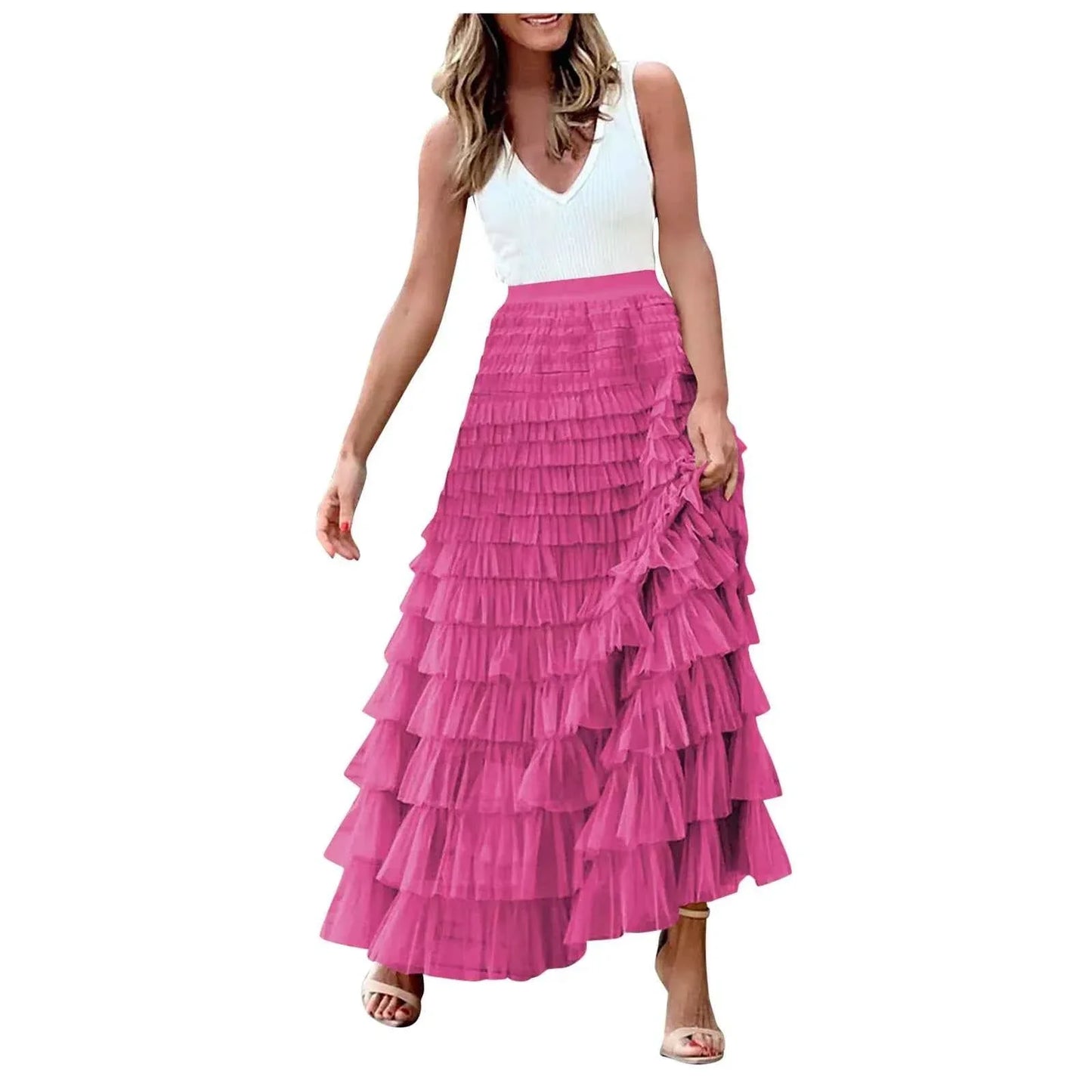 Summer Maxi Skirt for Women Elegant Layered Ruffles Design A-Line Evening Skirts High Street Office Lady