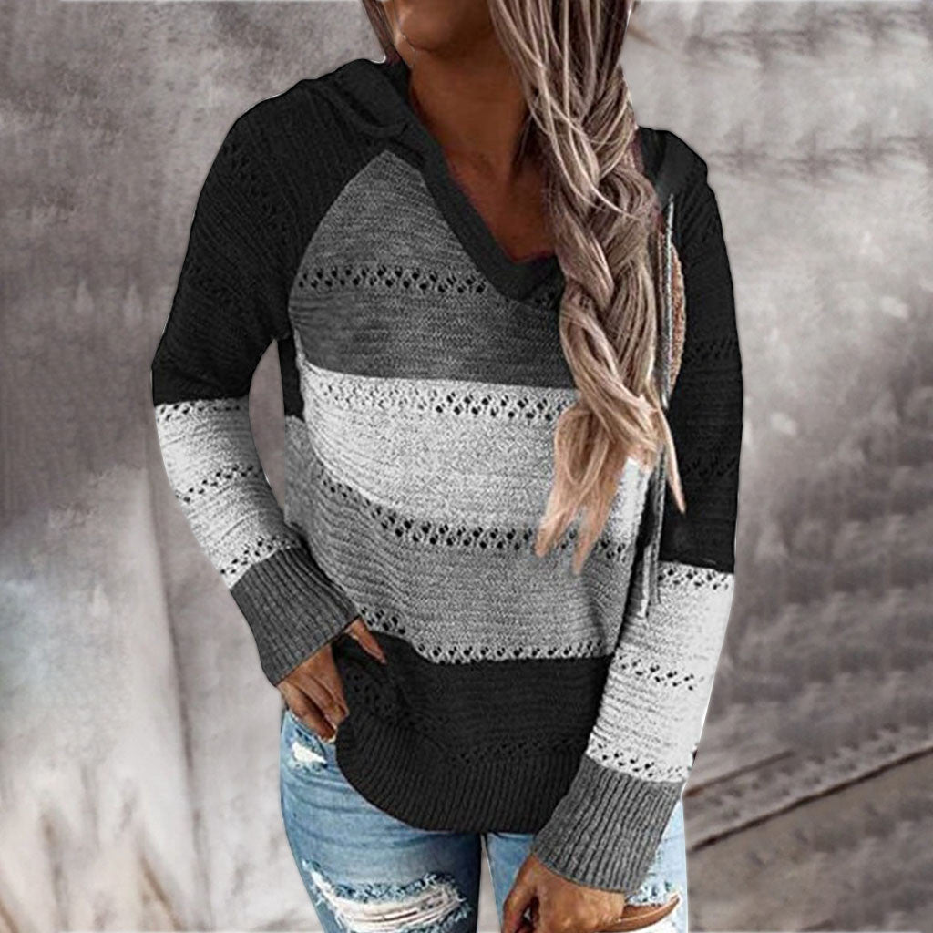 Plus Size 5XL Autumn Winter Women's Pullover Fashion Patchwork Long Sleeve Knit Sweater Tops Women Crochet Hollow Hooded Sweater