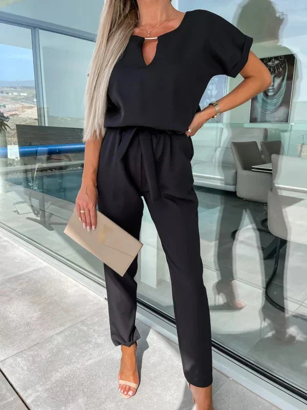 Summer Jumpsuit Solid Color Short Sleeve V-neck Pocket Lace-up Pencil Long Pants