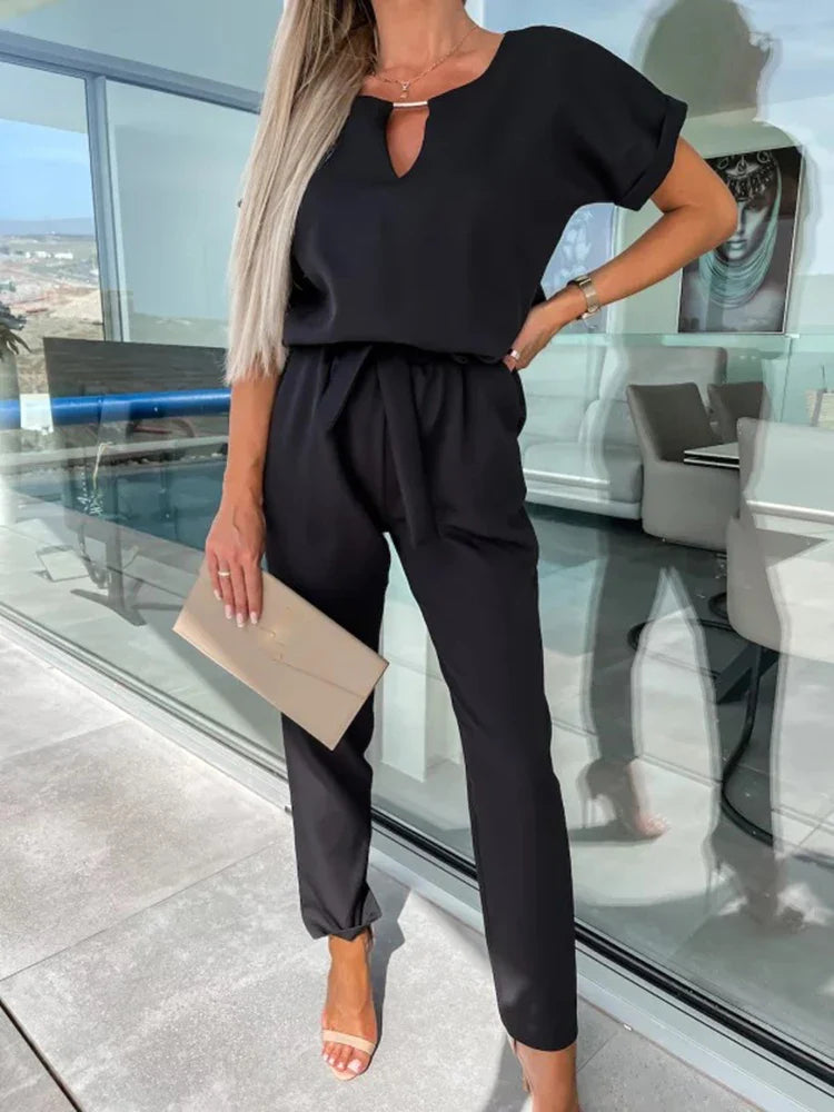 Summer Jumpsuit Solid Color Short Sleeve V-neck Pocket Lace-up Pencil Long Pants