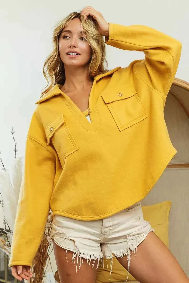 BiBi Fleece Collared Sweatshirt with Flap Pockets for Women