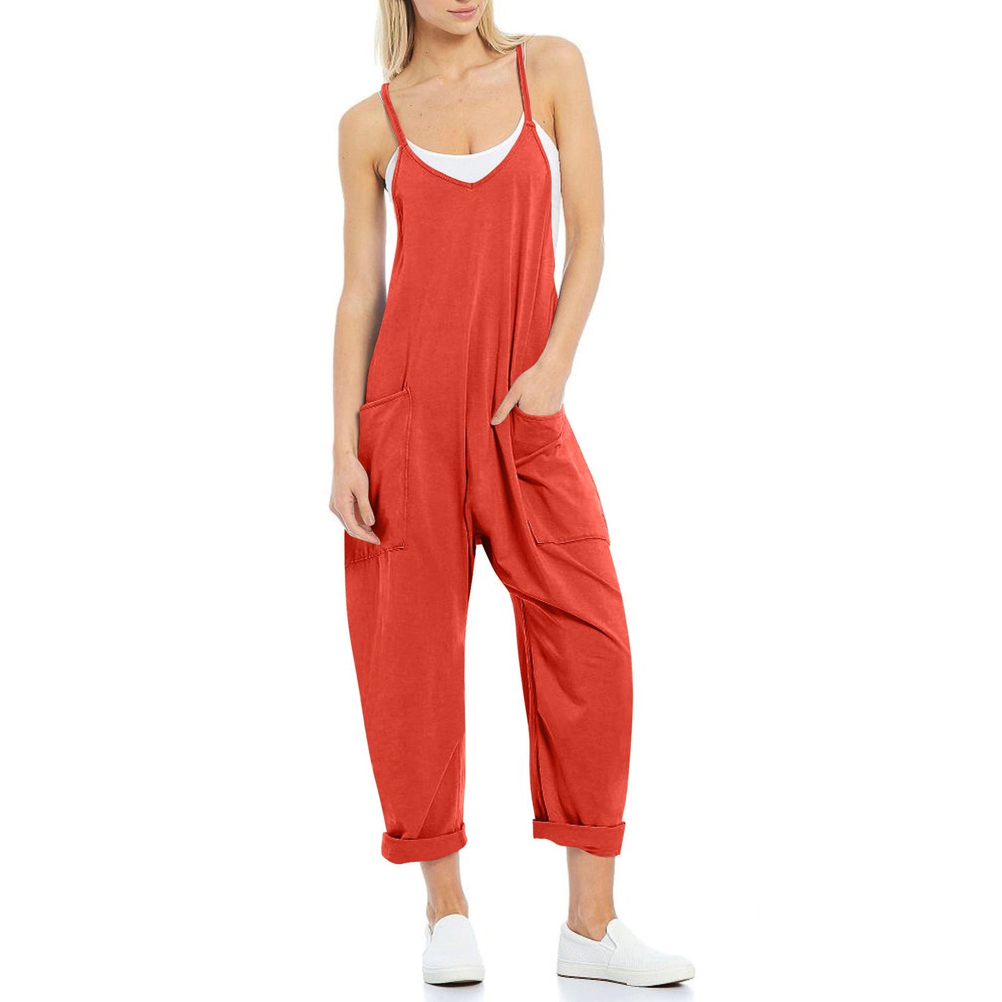 Women's Knitted One-Piece Trousers with Pocket and Spaghetti Straps