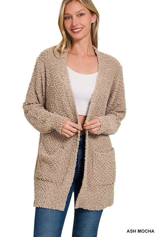 Long Sleeve Popcorn Sweater Cardigan with Pockets