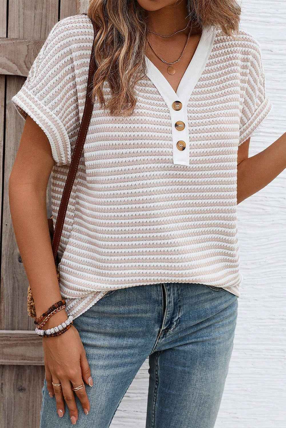Khaki Striped Button Front V Neck Knitted Women's Top