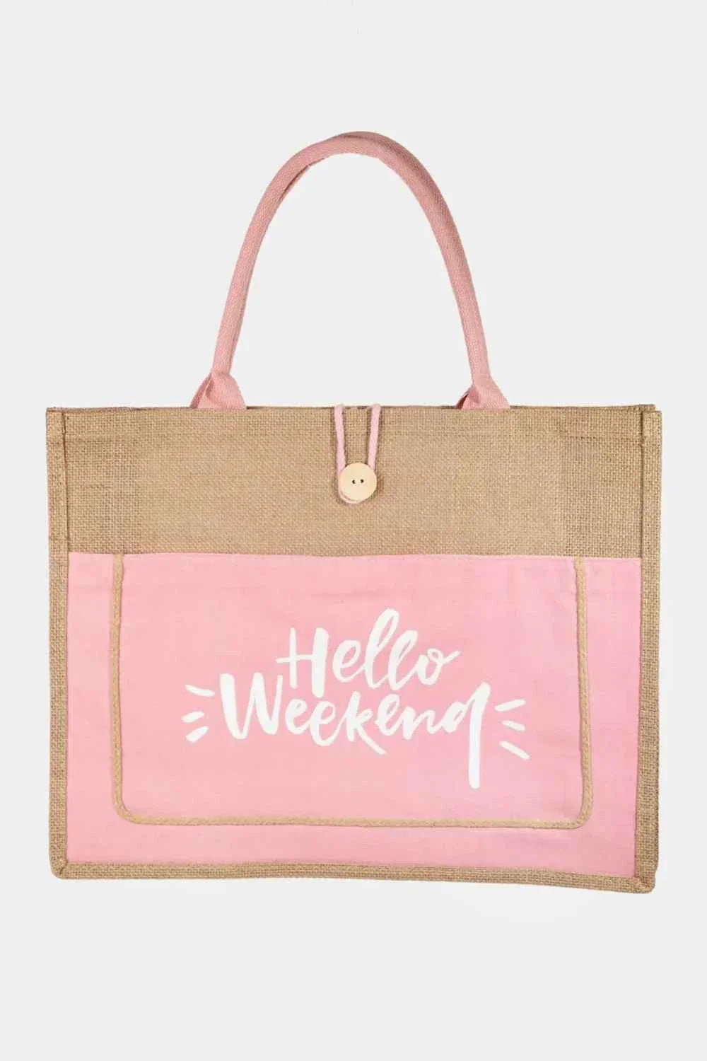 Fame Hello Weekend Burlap Tote Bag