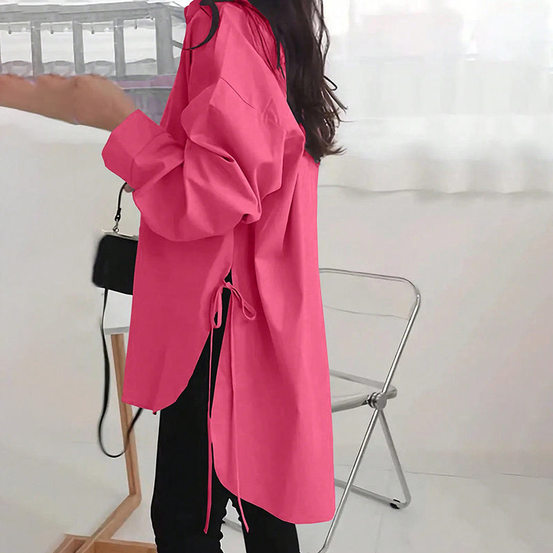 Loose-Fit Long Sleeve Shirt - Side Slit Tie Detail Button-Down Blouse, Solid Color Top