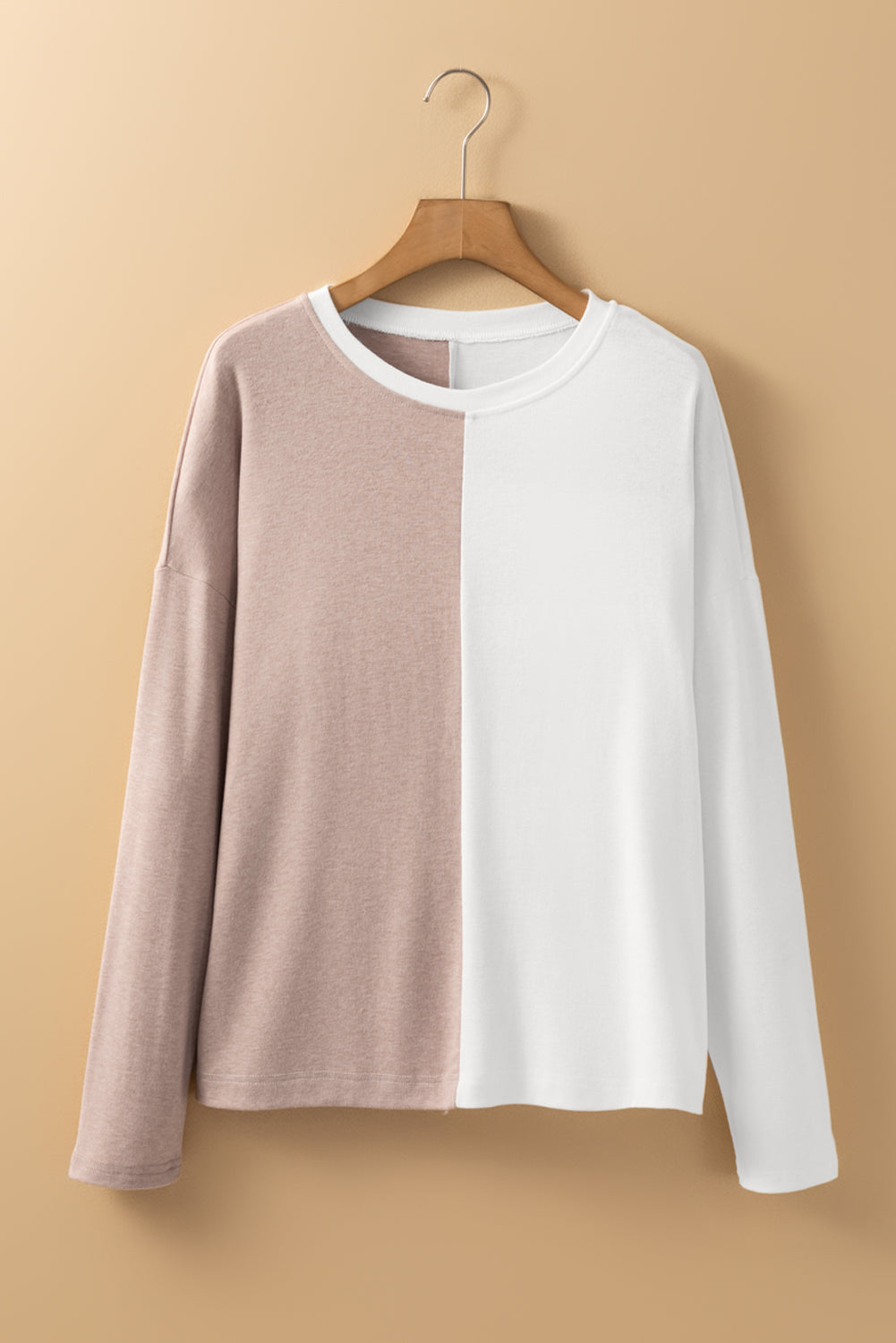 Khaki Colorblock Long Sleeve Crew Neck Women's  Top