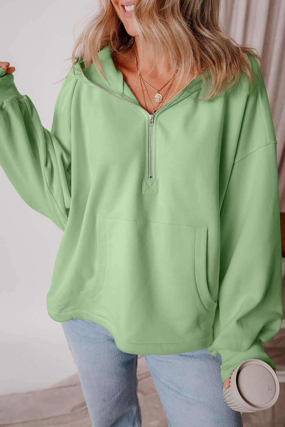 Kate Fleece Lined Half Zipper Kangaroo Pockets Loose Hoodie