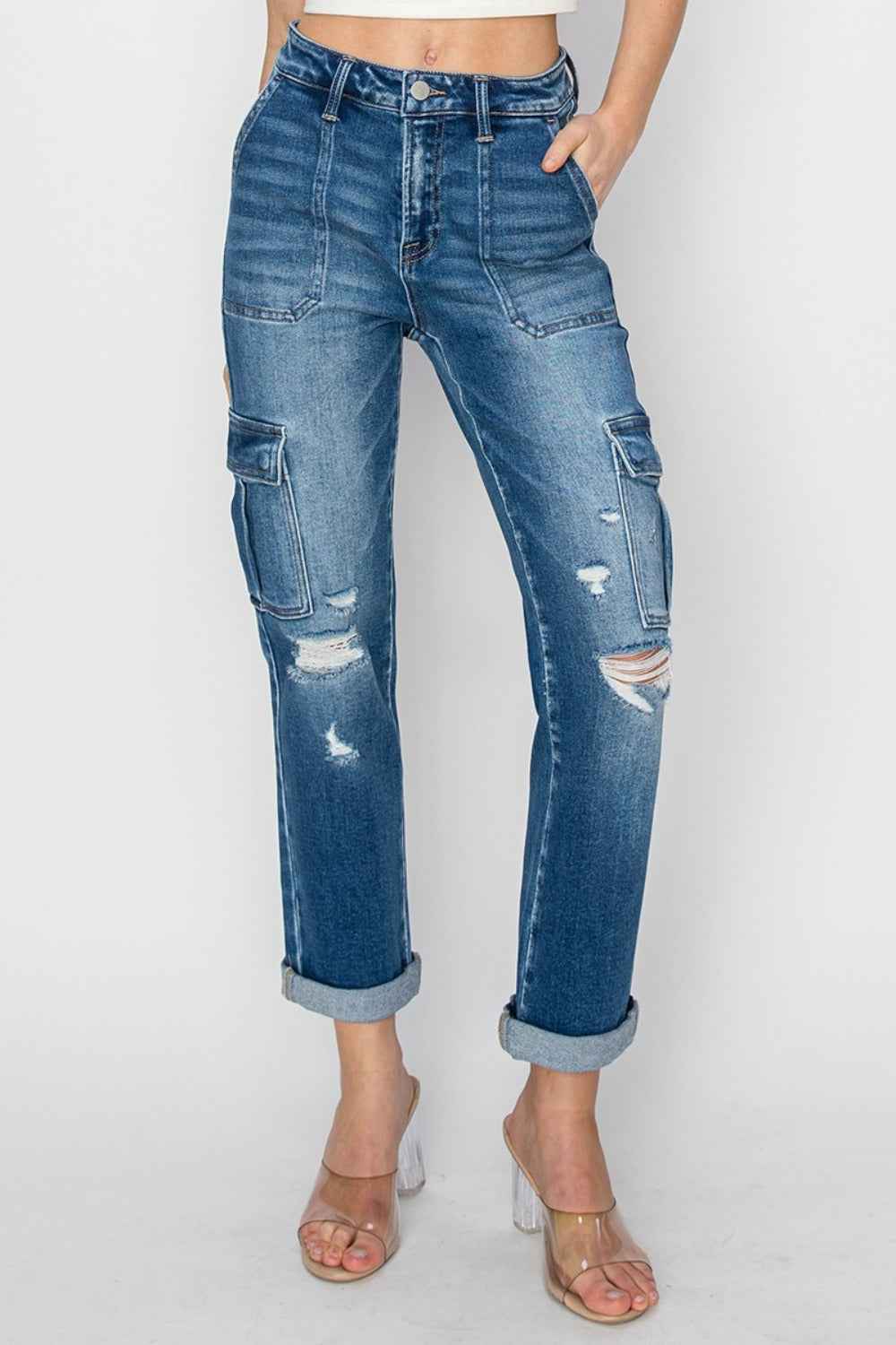 RISEN High Rise Cargo Jeans Full Size Ankle Roll Up Straight Women’s Jeans