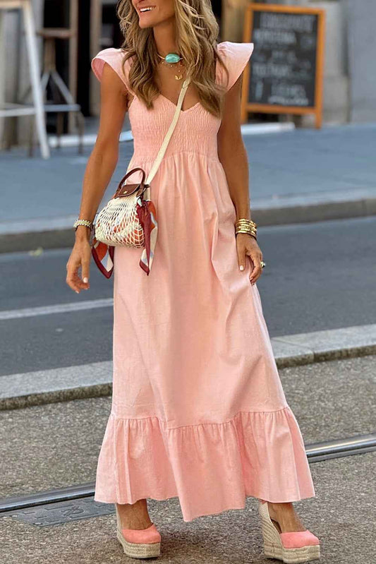 Apricot Pink Maxi Dress with V Neck, Flutter Sleeves, and Smocked Bodice
