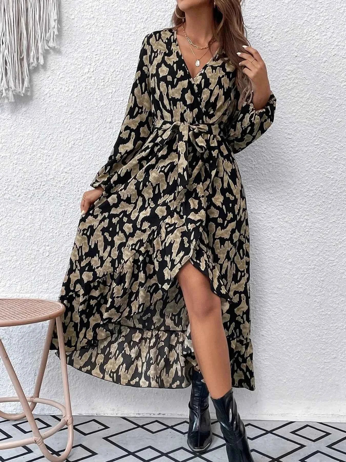 Leopard Surplice Balloon Sleeve Dress