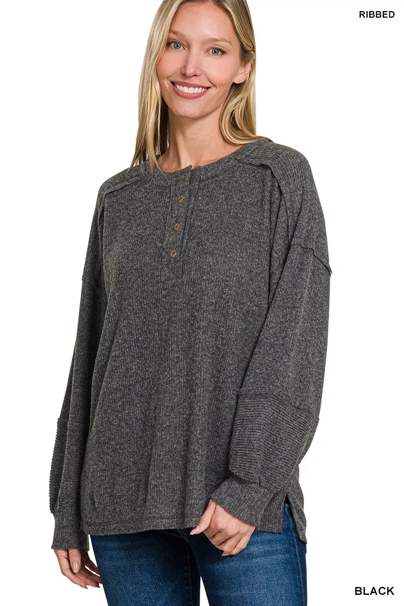 Ribbed Brushed Hacci Melange Henley Sweater Plus Size