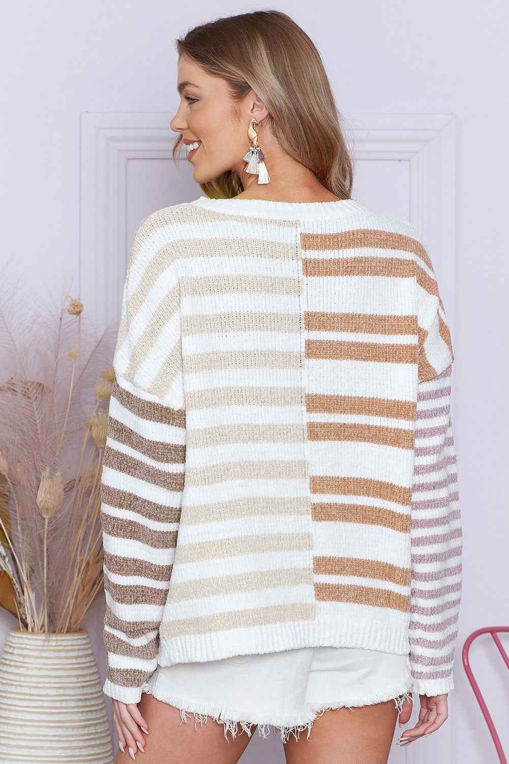Color Block Drop Shoulder Pullover Striped Sweater Women's Top
