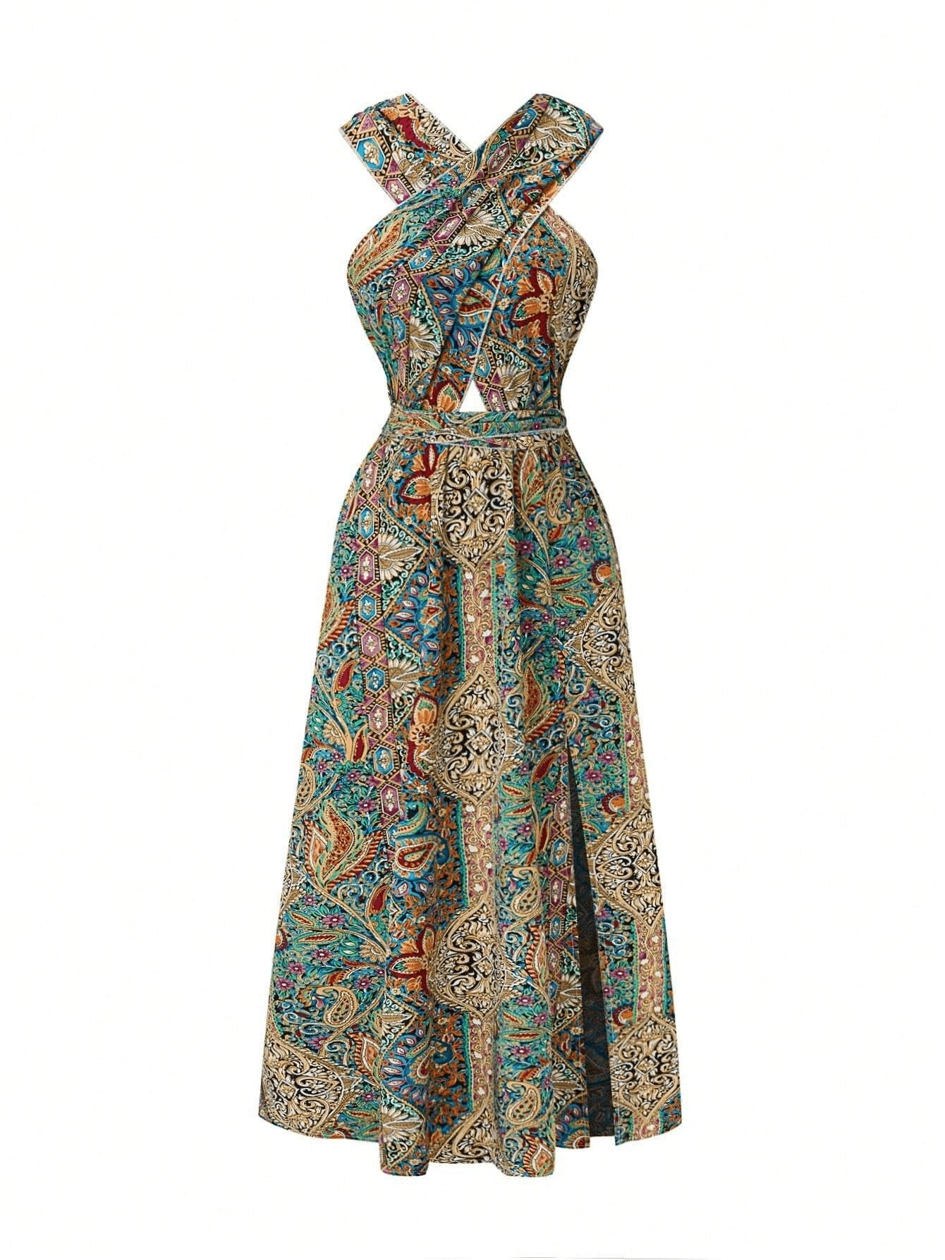 Maxi Dress with Tie Detail - High Waisted Cross Halter Neck, Flowing Teal & Brown Paisley Vacation Gown, Machine Washable Summer Fashion