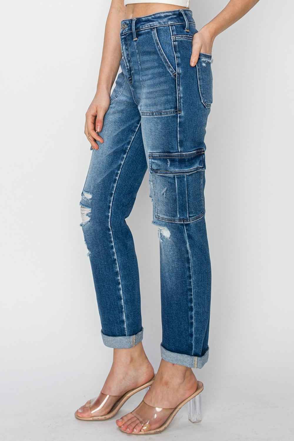RISEN High Rise Cargo Jeans Full Size Ankle Roll Up Straight Women’s Jeans