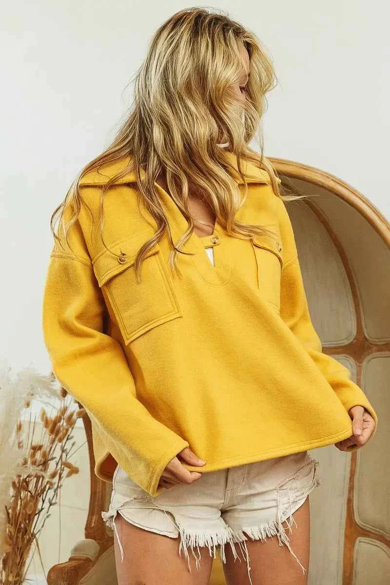 BiBi Fleece Collared Sweatshirt with Flap Pockets for Women